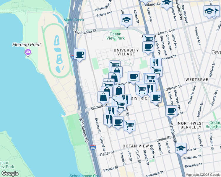 map of restaurants, bars, coffee shops, grocery stores, and more near 711 Harrison Street in Berkeley