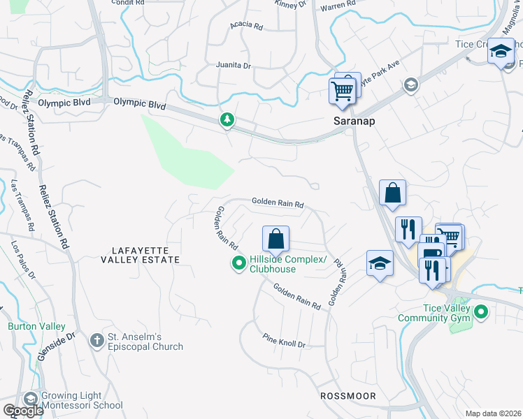 map of restaurants, bars, coffee shops, grocery stores, and more near 2817 Golden Rain Road in Walnut Creek