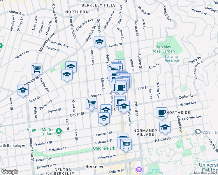 map of restaurants, bars, coffee shops, grocery stores, and more near 1420 Henry Street in Berkeley