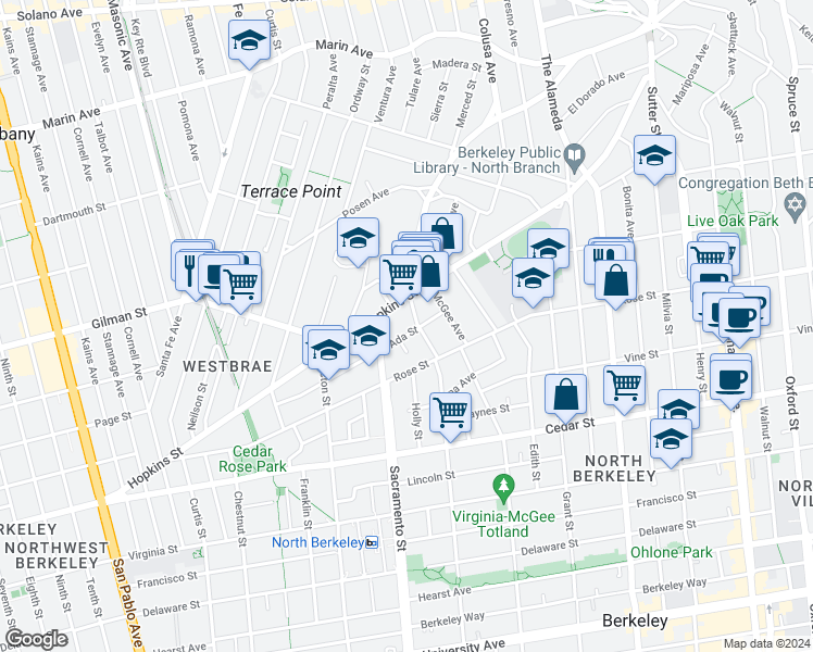 map of restaurants, bars, coffee shops, grocery stores, and more near 1310 McGee Avenue in Berkeley