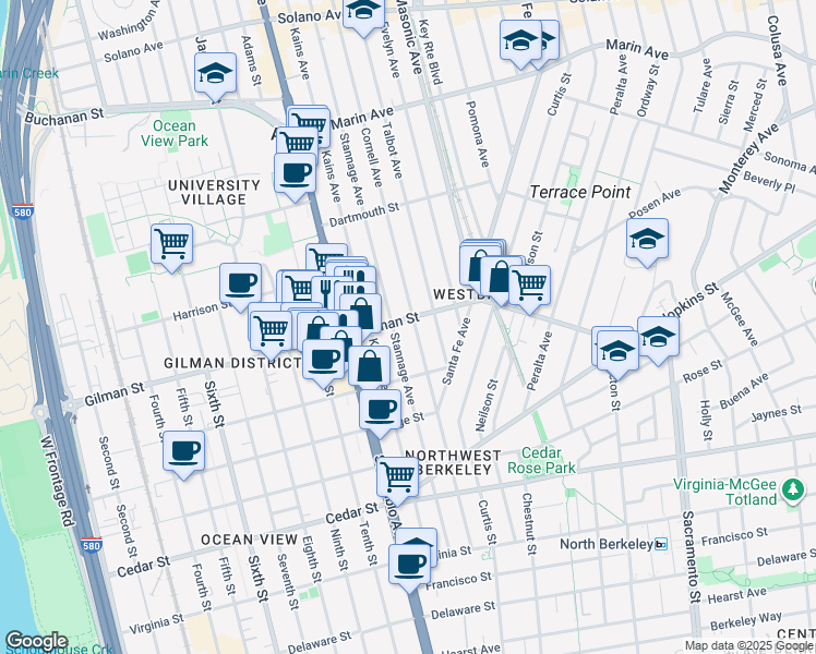map of restaurants, bars, coffee shops, grocery stores, and more near in Berkeley