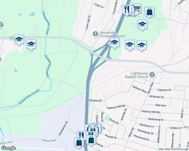 map of restaurants, bars, coffee shops, grocery stores, and more near 140 Baybrook Circle in Nicholasville