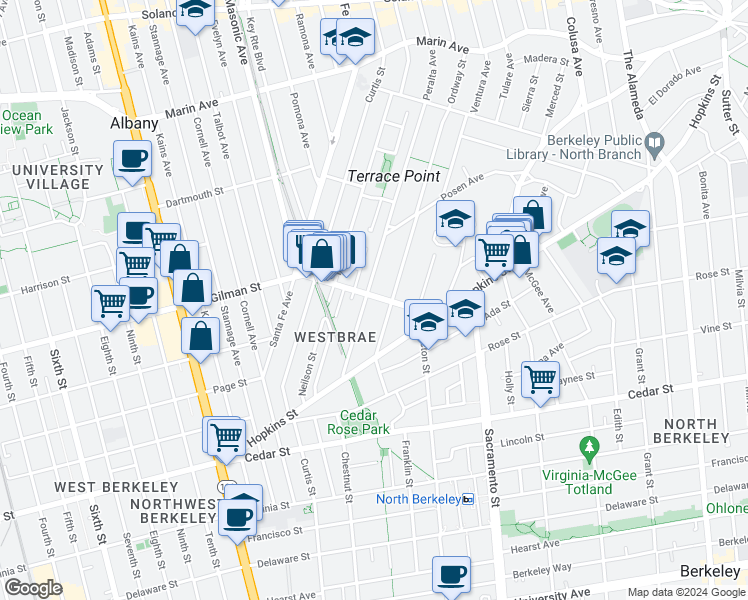map of restaurants, bars, coffee shops, grocery stores, and more near 1301 Peralta Avenue in Berkeley
