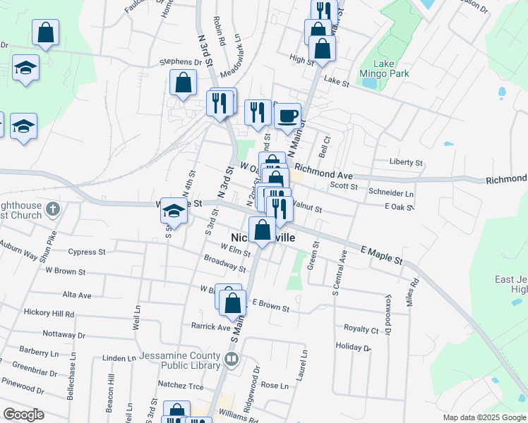 map of restaurants, bars, coffee shops, grocery stores, and more near 101 North Main Street in Nicholasville