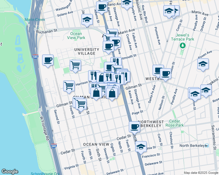 map of restaurants, bars, coffee shops, grocery stores, and more near 1201 Ninth Street in Berkeley
