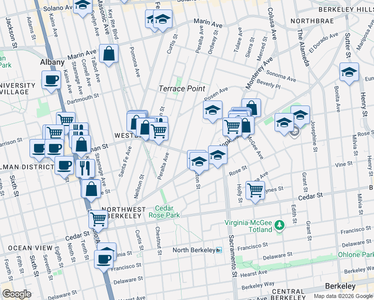 map of restaurants, bars, coffee shops, grocery stores, and more near 1237 Ordway Street in Berkeley