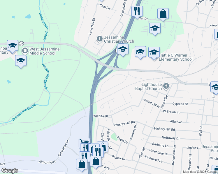 map of restaurants, bars, coffee shops, grocery stores, and more near 226 Baybrook Circle in Nicholasville