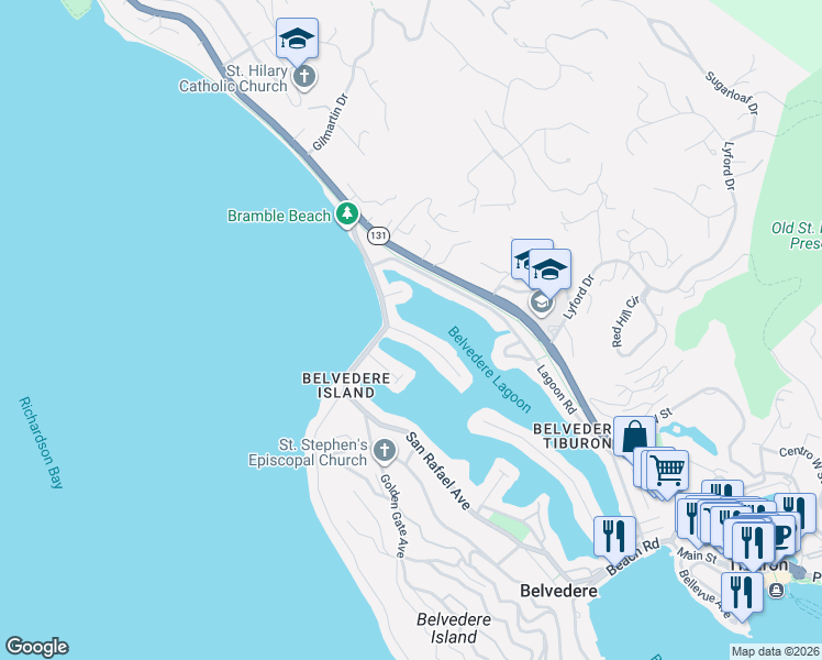 map of restaurants, bars, coffee shops, grocery stores, and more near 4 Windward Road in Belvedere