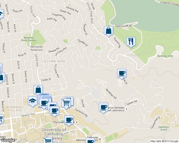 map of restaurants, bars, coffee shops, grocery stores, and more near 1530 Campus Drive in Berkeley