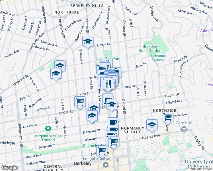 map of restaurants, bars, coffee shops, grocery stores, and more near 1450 Shattuck Avenue in Berkeley