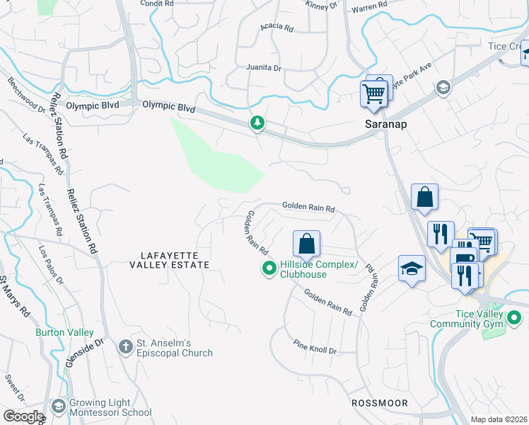 map of restaurants, bars, coffee shops, grocery stores, and more near 2901 Golden Rain Road in Walnut Creek