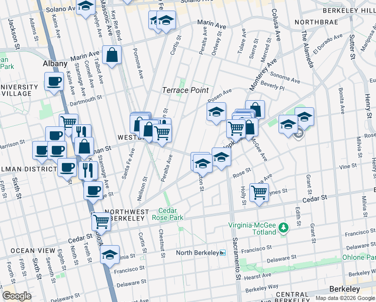 map of restaurants, bars, coffee shops, grocery stores, and more near 1237 Ordway Street in Berkeley