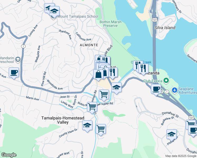 map of restaurants, bars, coffee shops, grocery stores, and more near 201 Flamingo Road in Mill Valley