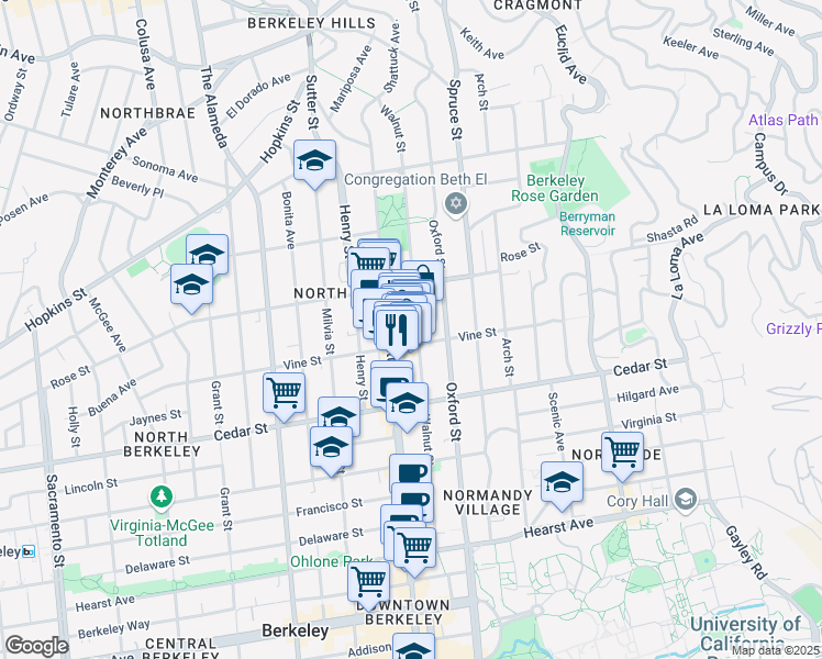 map of restaurants, bars, coffee shops, grocery stores, and more near 1433A Walnut Street in Berkeley