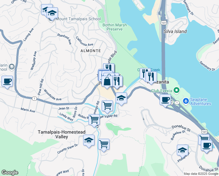 map of restaurants, bars, coffee shops, grocery stores, and more near 237 Shoreline Highway in Mill Valley