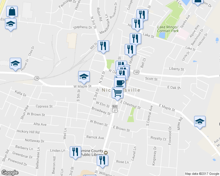 map of restaurants, bars, coffee shops, grocery stores, and more near 301 West Maple Street in Nicholasville
