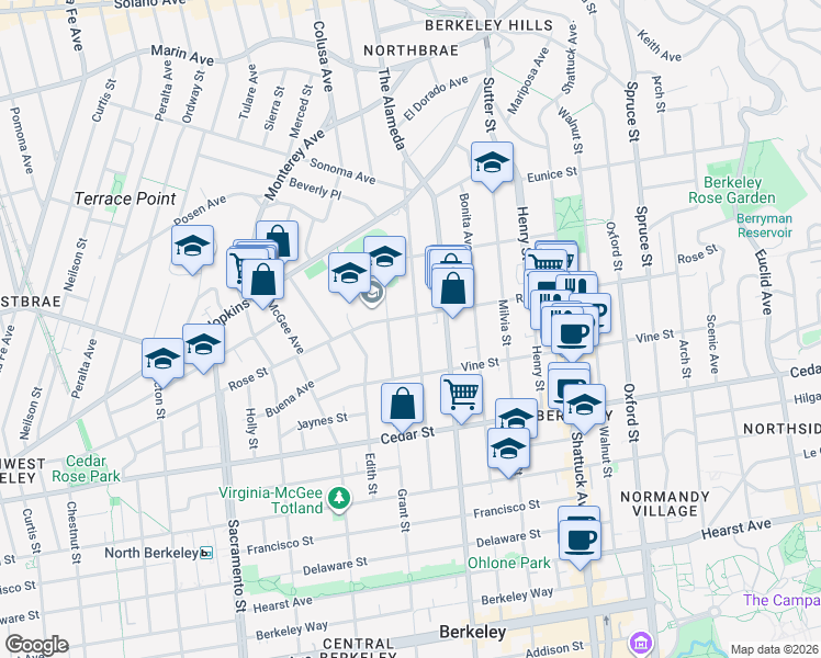 map of restaurants, bars, coffee shops, grocery stores, and more near 1406 Josephine Street in Berkeley