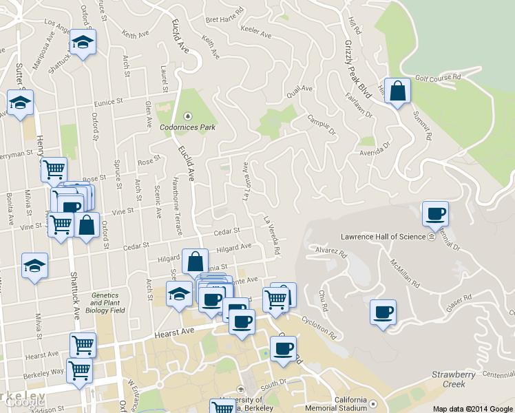 map of restaurants, bars, coffee shops, grocery stores, and more near 1555 La Vereda Road in Berkeley