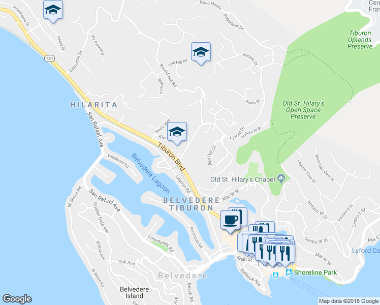 map of restaurants, bars, coffee shops, grocery stores, and more near 1199 Tiburon Boulevard in Tiburon