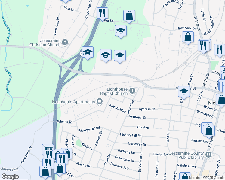 map of restaurants, bars, coffee shops, grocery stores, and more near 600 Wichita Drive in Nicholasville