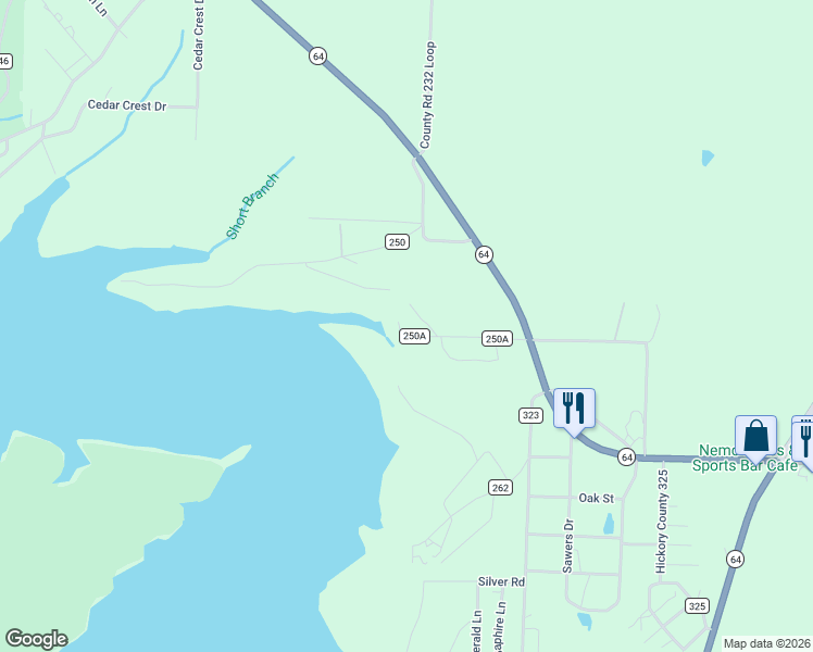 map of restaurants, bars, coffee shops, grocery stores, and more near County Road 250A in Hermitage