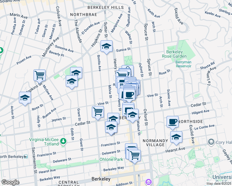 map of restaurants, bars, coffee shops, grocery stores, and more near 1420 Henry Street in Berkeley
