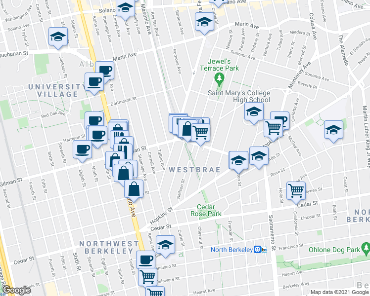 map of restaurants, bars, coffee shops, grocery stores, and more near 1313 Curtis Street in Berkeley