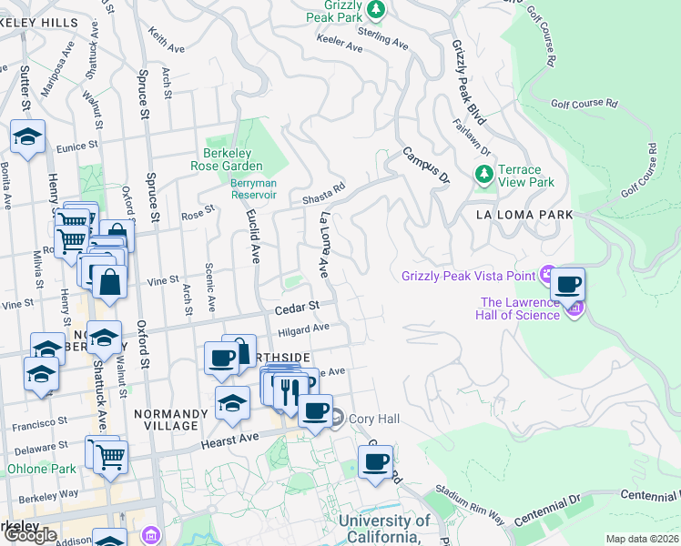map of restaurants, bars, coffee shops, grocery stores, and more near 1555 La Vereda Road in Berkeley