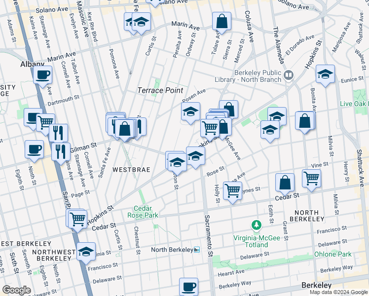 map of restaurants, bars, coffee shops, grocery stores, and more near 1342 Albina Avenue in Berkeley