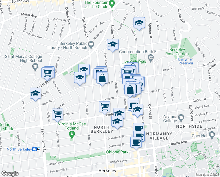 map of restaurants, bars, coffee shops, grocery stores, and more near 1417 Bonita Avenue in Berkeley