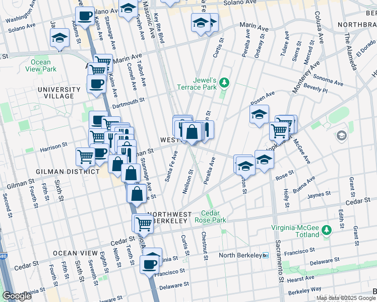 map of restaurants, bars, coffee shops, grocery stores, and more near 1311 Curtis Street in Berkeley