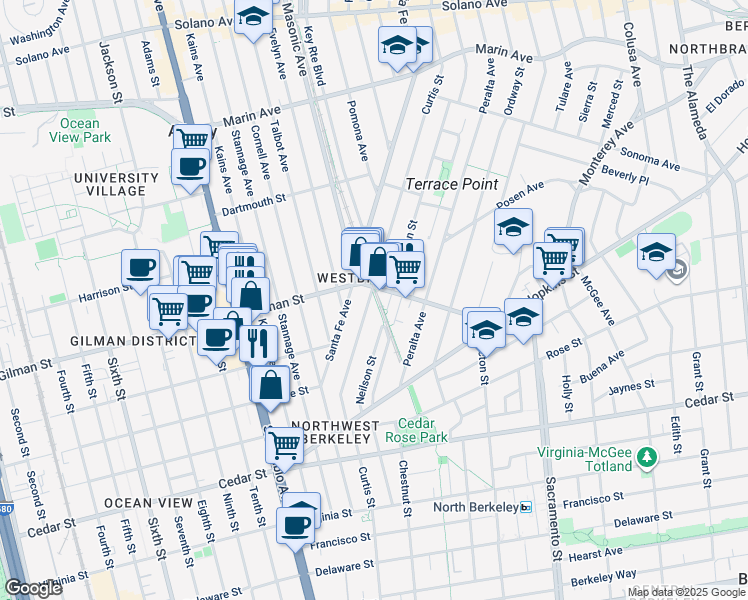 map of restaurants, bars, coffee shops, grocery stores, and more near 1311 Curtis Street in Berkeley