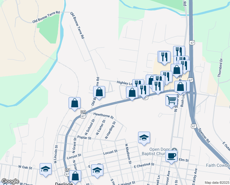 map of restaurants, bars, coffee shops, grocery stores, and more near 308 Fairview Lane in Desloge