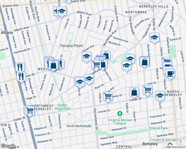 map of restaurants, bars, coffee shops, grocery stores, and more near 1508 Hopkins Street in Berkeley