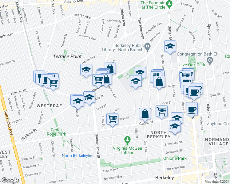 map of restaurants, bars, coffee shops, grocery stores, and more near 1339 McGee Avenue in Berkeley