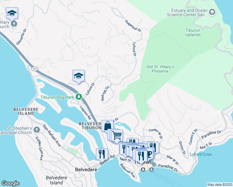 map of restaurants, bars, coffee shops, grocery stores, and more near 125 Red Hill Circle in Tiburon