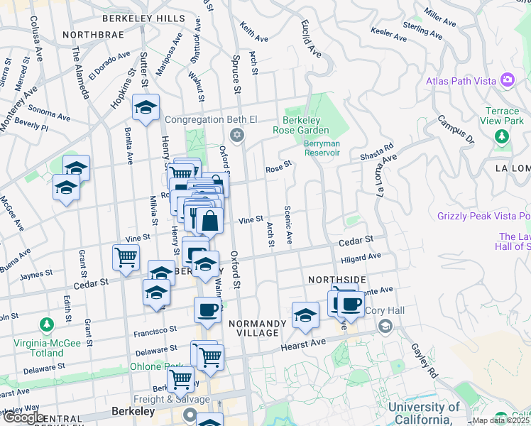 map of restaurants, bars, coffee shops, grocery stores, and more near 1490 Arch Street in Berkeley