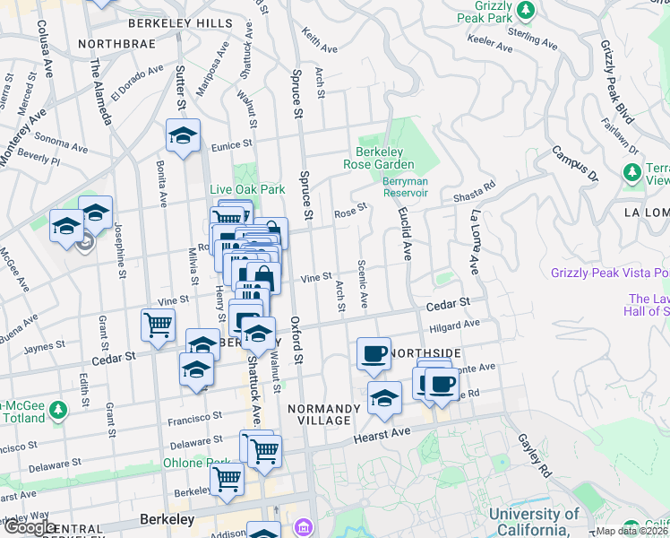 map of restaurants, bars, coffee shops, grocery stores, and more near 1490 Arch Street in Berkeley
