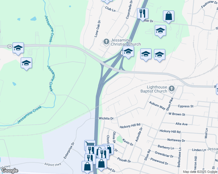map of restaurants, bars, coffee shops, grocery stores, and more near 140 Baybrook Circle in Nicholasville
