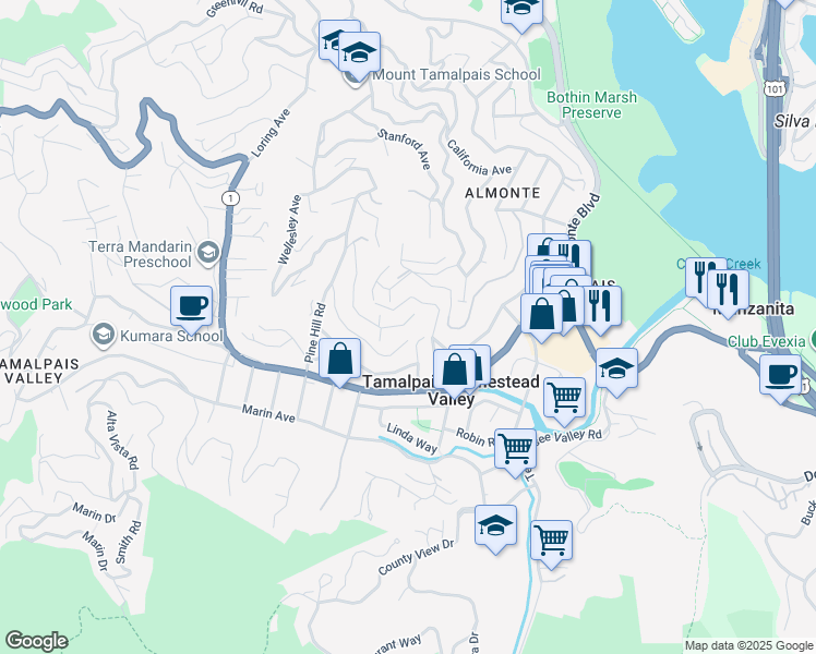 map of restaurants, bars, coffee shops, grocery stores, and more near 339 South Morning Sun Avenue in Mill Valley