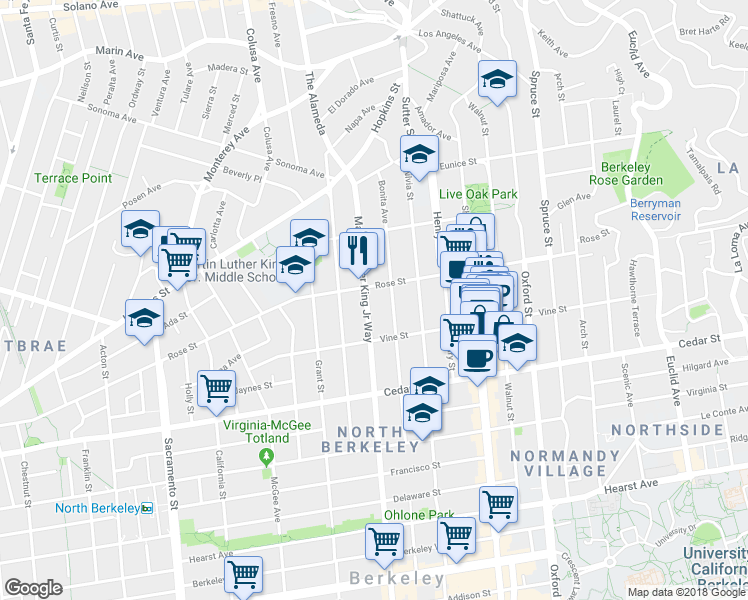 map of restaurants, bars, coffee shops, grocery stores, and more near 1417 Martin Luther King Junior Way in Berkeley