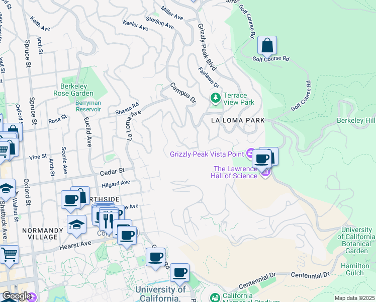 map of restaurants, bars, coffee shops, grocery stores, and more near 90 Parnassus Road in Berkeley