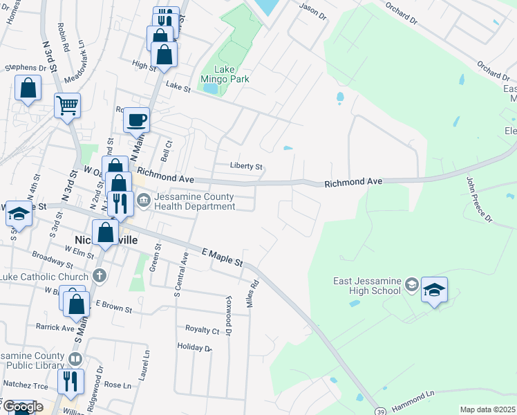 map of restaurants, bars, coffee shops, grocery stores, and more near 328 East Oak Street in Nicholasville