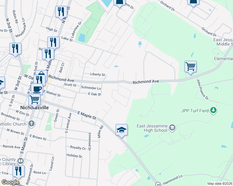map of restaurants, bars, coffee shops, grocery stores, and more near 102 Rolling Acres Drive in Nicholasville