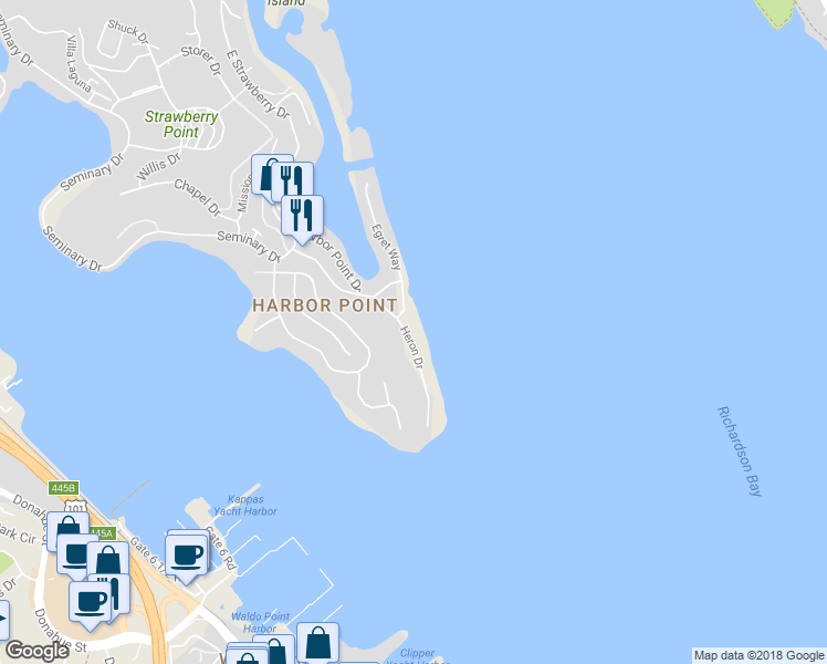 map of restaurants, bars, coffee shops, grocery stores, and more near 12 Heron Drive in Mill Valley
