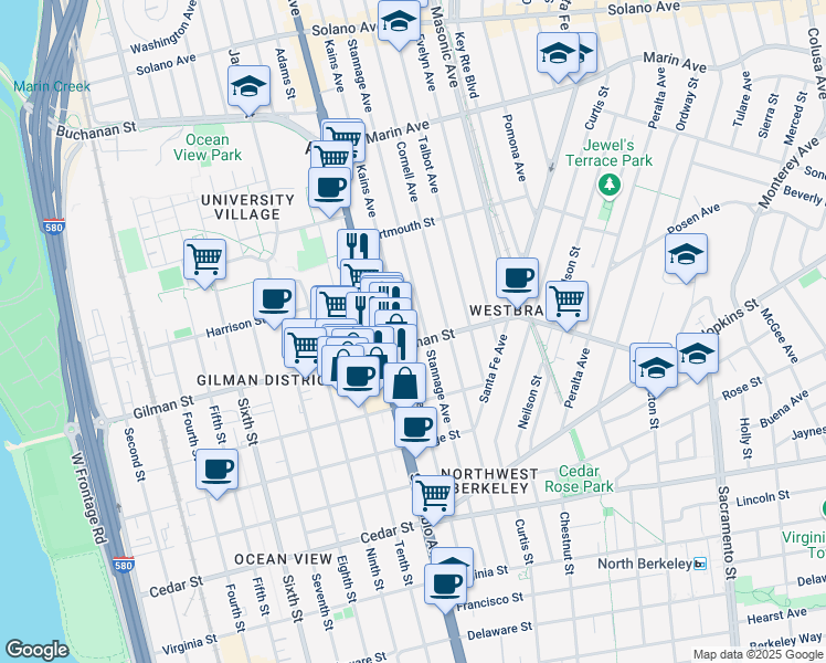 map of restaurants, bars, coffee shops, grocery stores, and more near 1243 Kains Avenue in Berkeley