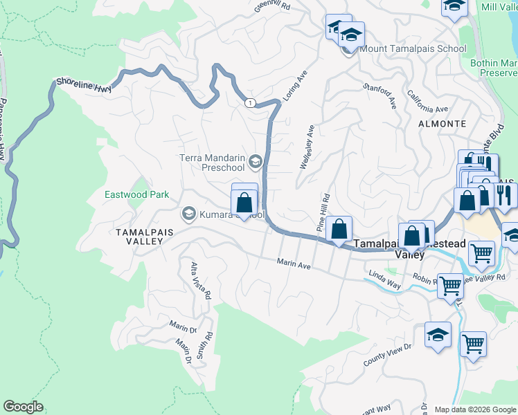 map of restaurants, bars, coffee shops, grocery stores, and more near 514 Browning Street in Mill Valley