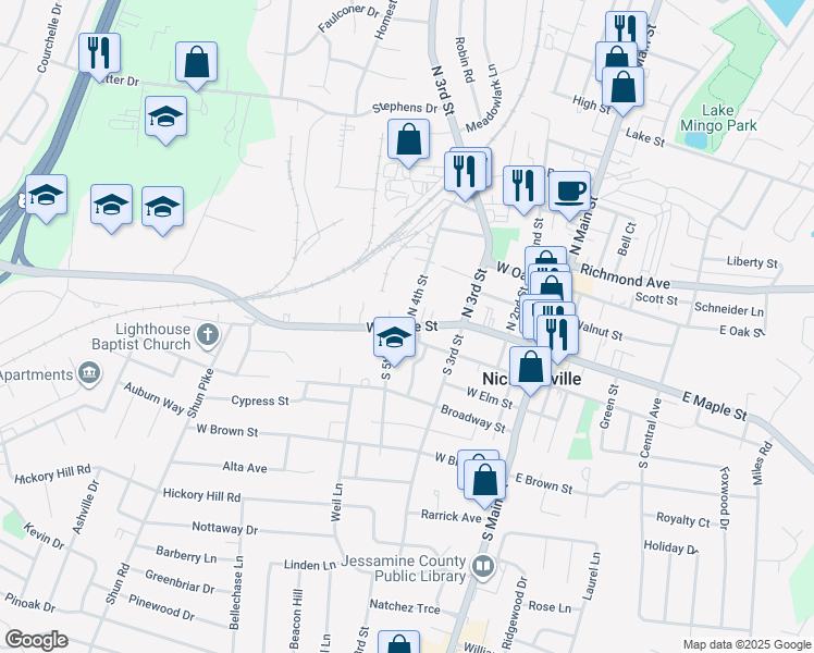 map of restaurants, bars, coffee shops, grocery stores, and more near 414 West Maple Street in Nicholasville