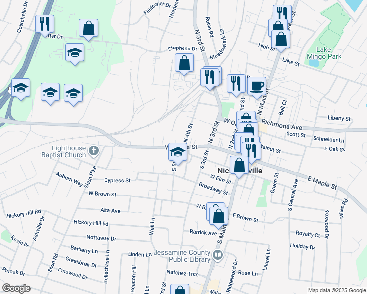 map of restaurants, bars, coffee shops, grocery stores, and more near 414 West Maple Street in Nicholasville