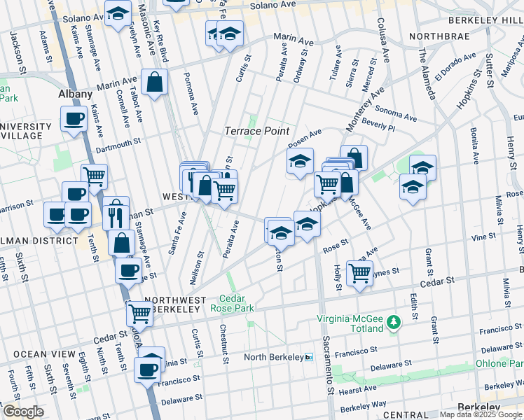 map of restaurants, bars, coffee shops, grocery stores, and more near 1237 Ordway Street in Berkeley